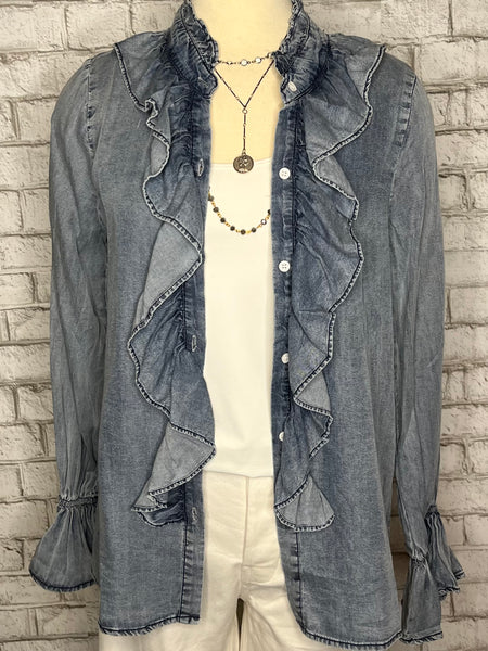 DENIM RUFFLED BUTTON DOWN