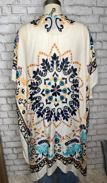 CREAM AND NAVY PRINTED KIMONO