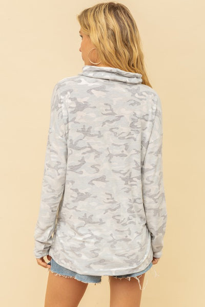 LIGHTWEIGHT CAMO COWL NECK TOP