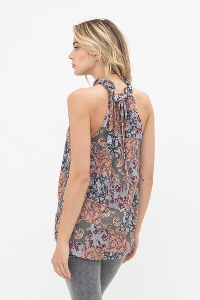 MOCK NECK FLORAL HALTER TANK