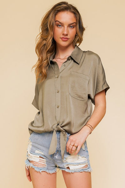 TIE FRONT OLIVE SHORT SLEEVE TOP