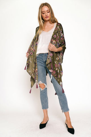 FLORAL KIMONO WITH TASSELS