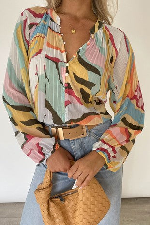 TROPICAL PLEATED BLOUSE WITH TIE