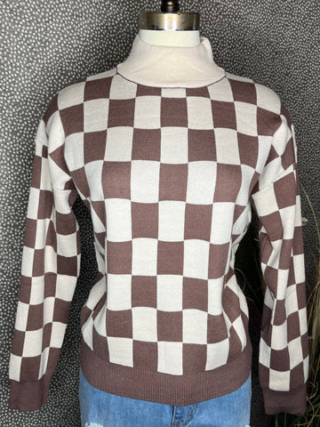 CHECKERED MOCK NECK SWEATER